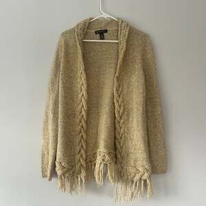 INC International Concepts Fringe Hem Cardigan Sweater Womens L Beige W21